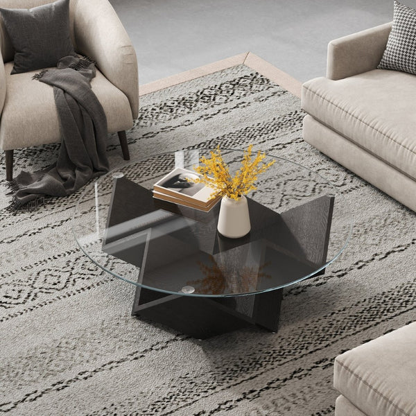 English Elm The Round Tempered Glass Coffee Table with Sculptural Art Deco Base and Open Shelving Black N735P350383B
