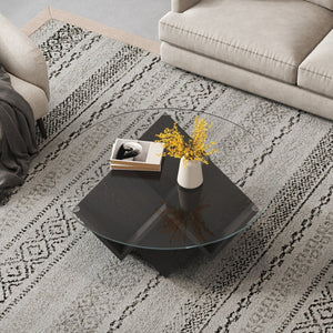 English Elm The Round Tempered Glass Coffee Table with Sculptural Art Deco Base and Open Shelving Black N735P350383B