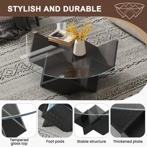 English Elm The Round Tempered Glass Coffee Table with Sculptural Art Deco Base and Open Shelving Black N735P350383B