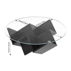 English Elm The Round Tempered Glass Coffee Table with Sculptural Art Deco Base and Open Shelving Black N735P350383B