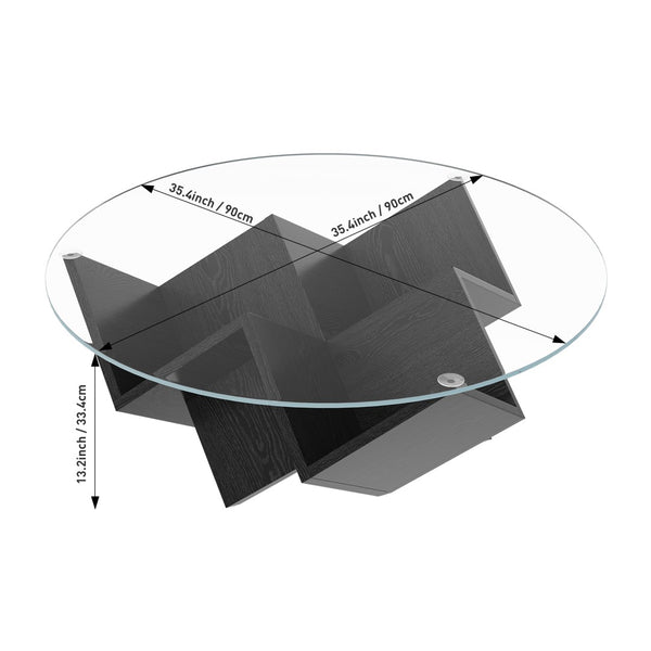 English Elm The Round Tempered Glass Coffee Table with Sculptural Art Deco Base and Open Shelving Black N735P350383B