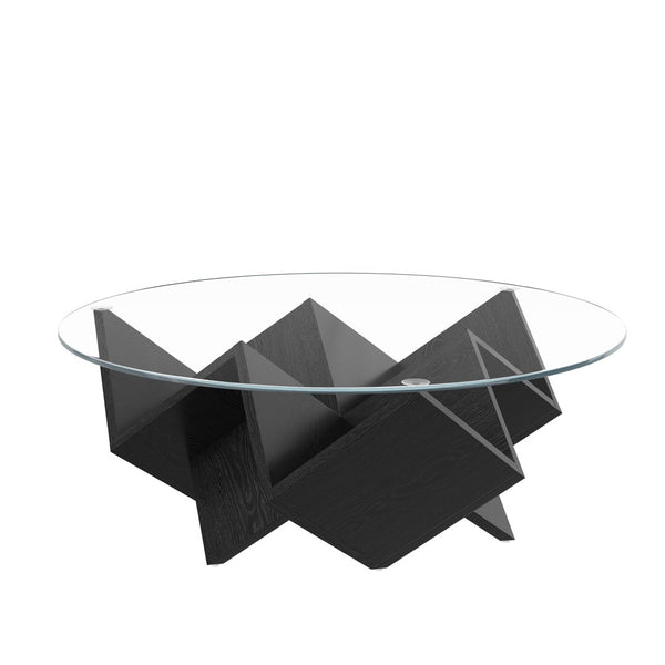 English Elm The Round Tempered Glass Coffee Table with Sculptural Art Deco Base and Open Shelving Black N735P350383B
