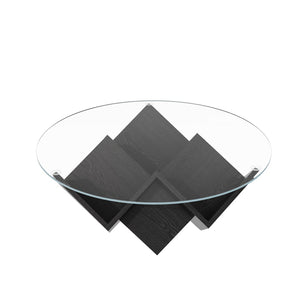English Elm The Round Tempered Glass Coffee Table with Sculptural Art Deco Base and Open Shelving Black N735P350383B