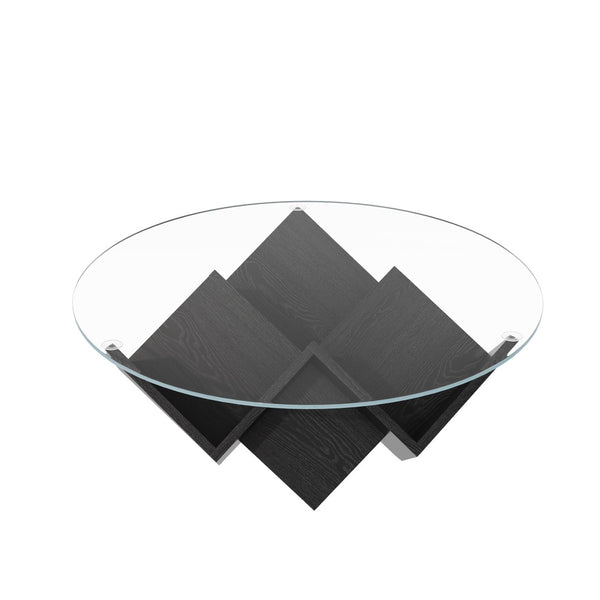 English Elm The Round Tempered Glass Coffee Table with Sculptural Art Deco Base and Open Shelving Black N735P350383B