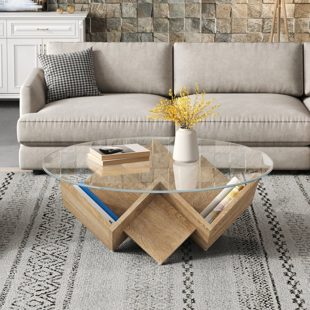 English Elm The Round Tempered Glass Coffee Table with Sculptural Art Deco Base and Open Shelving Natural N735P350383N