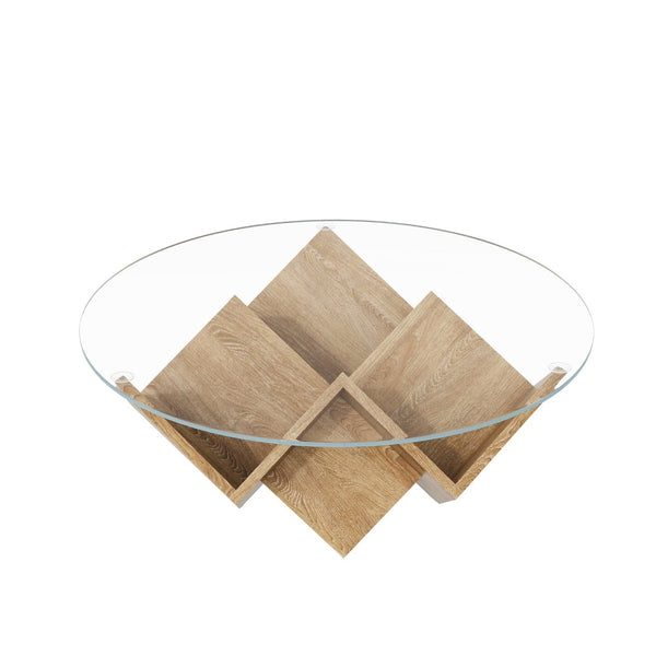 English Elm The Round Tempered Glass Coffee Table with Sculptural Art Deco Base and Open Shelving Natural N735P350383N