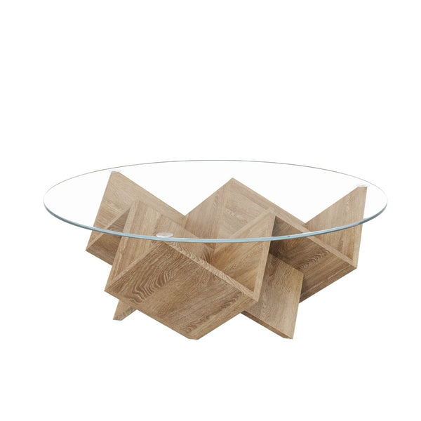 English Elm The Round Tempered Glass Coffee Table with Sculptural Art Deco Base and Open Shelving Natural N735P350383N