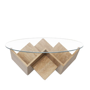 English Elm The Round Tempered Glass Coffee Table with Sculptural Art Deco Base and Open Shelving Natural N735P350383N