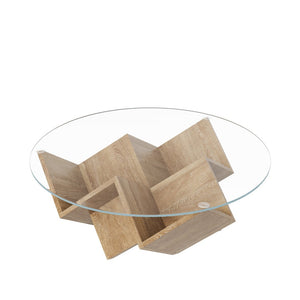 English Elm The Round Tempered Glass Coffee Table with Sculptural Art Deco Base and Open Shelving Natural N735P350383N