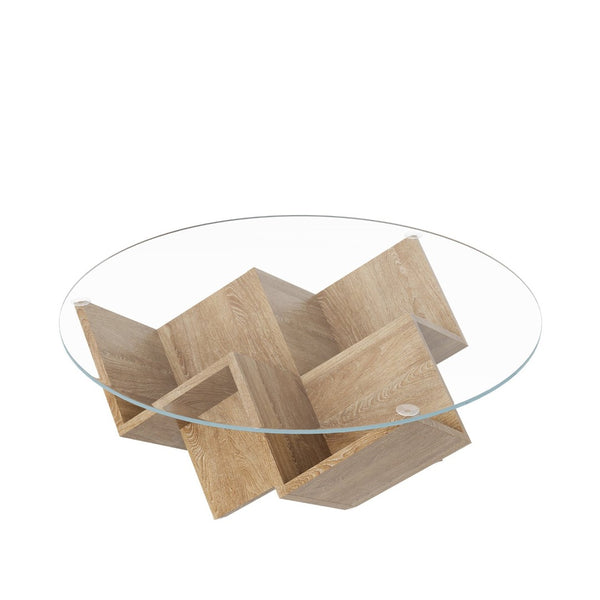 English Elm The Round Tempered Glass Coffee Table with Sculptural Art Deco Base and Open Shelving Natural N735P350383N