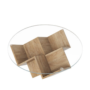 English Elm The Round Tempered Glass Coffee Table with Sculptural Art Deco Base and Open Shelving Natural N735P350383N