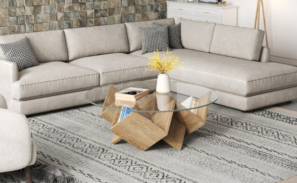 English Elm The Round Tempered Glass Coffee Table with Sculptural Art Deco Base and Open Shelving Natural N735P350383N
