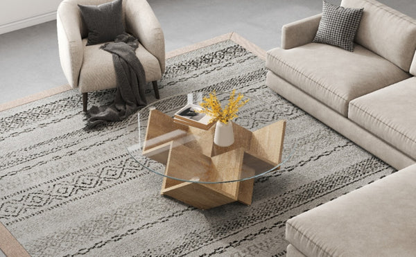 English Elm The Round Tempered Glass Coffee Table with Sculptural Art Deco Base and Open Shelving Natural N735P350383N