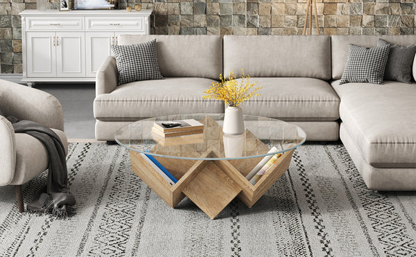 English Elm The Round Tempered Glass Coffee Table with Sculptural Art Deco Base and Open Shelving Natural N735P350383N