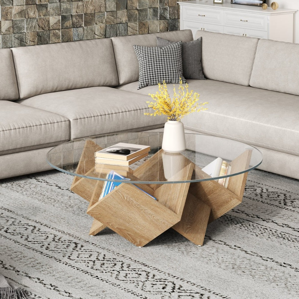 English Elm The Round Tempered Glass Coffee Table with Sculptural Art Deco Base and Open Shelving Natural N735P350383N
