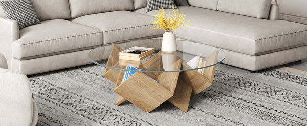 English Elm The Round Tempered Glass Coffee Table with Sculptural Art Deco Base and Open Shelving Natural N735P350383N