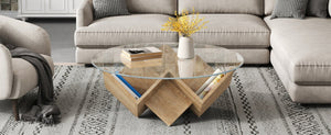 English Elm The Round Tempered Glass Coffee Table with Sculptural Art Deco Base and Open Shelving Natural N735P350383N