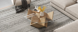 English Elm The Round Tempered Glass Coffee Table with Sculptural Art Deco Base and Open Shelving Natural N735P350383N