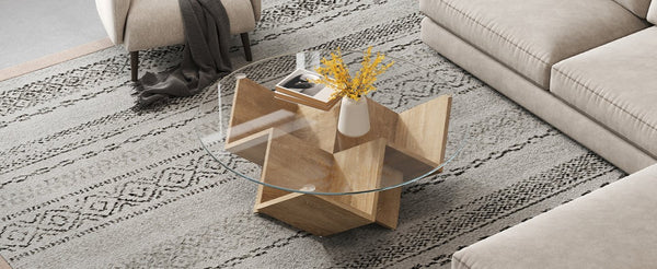 English Elm The Round Tempered Glass Coffee Table with Sculptural Art Deco Base and Open Shelving Natural N735P350383N