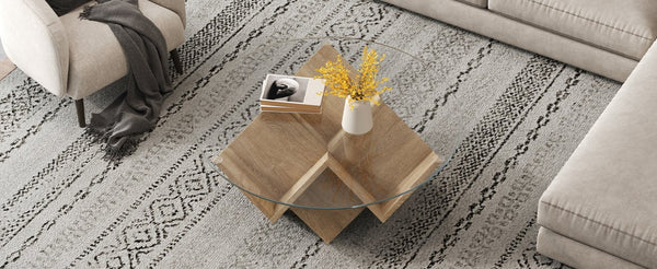 English Elm The Round Tempered Glass Coffee Table with Sculptural Art Deco Base and Open Shelving Natural N735P350383N