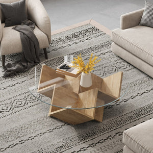 English Elm The Round Tempered Glass Coffee Table with Sculptural Art Deco Base and Open Shelving Natural N735P350383N