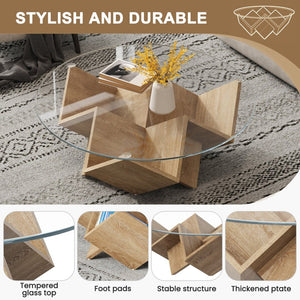 English Elm The Round Tempered Glass Coffee Table with Sculptural Art Deco Base and Open Shelving Natural N735P350383N