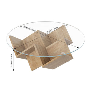 English Elm The Round Tempered Glass Coffee Table with Sculptural Art Deco Base and Open Shelving Natural N735P350383N