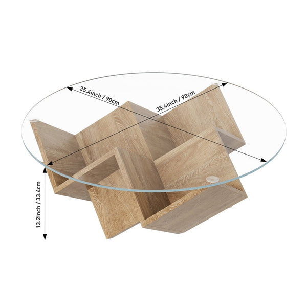 English Elm The Round Tempered Glass Coffee Table with Sculptural Art Deco Base and Open Shelving Natural N735P350383N