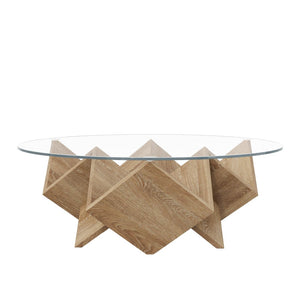 English Elm The Round Tempered Glass Coffee Table with Sculptural Art Deco Base and Open Shelving Natural N735P350383N