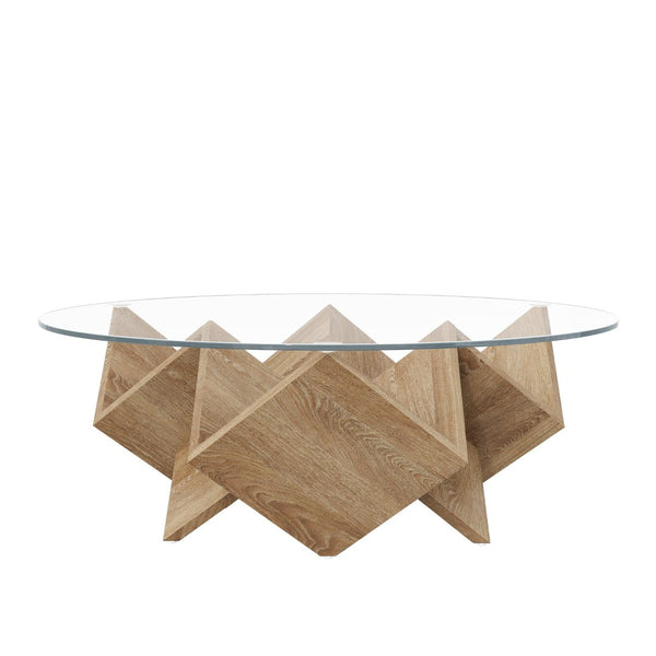 English Elm The Round Tempered Glass Coffee Table with Sculptural Art Deco Base and Open Shelving Natural N735P350383N