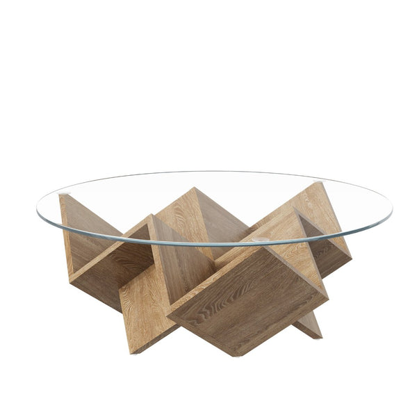 English Elm The Round Tempered Glass Coffee Table with Sculptural Art Deco Base and Open Shelving Natural N735P350383N