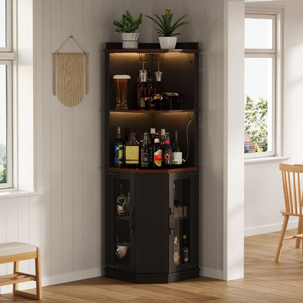 English Elm 67.3 Inch Farmhouse Corner Bar Cabinet with LED Lighting Glass Rack and Power Outlets N735P361423B