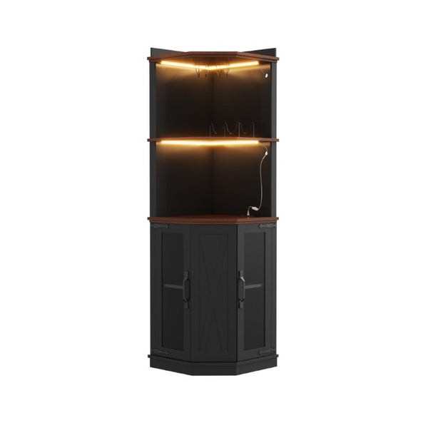 English Elm 67.3 Inch Farmhouse Corner Bar Cabinet with LED Lighting Glass Rack and Power Outlets N735P361423B