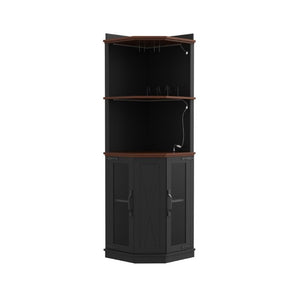 English Elm 67.3 Inch Farmhouse Corner Bar Cabinet with LED Lighting Glass Rack and Power Outlets N735P361423B