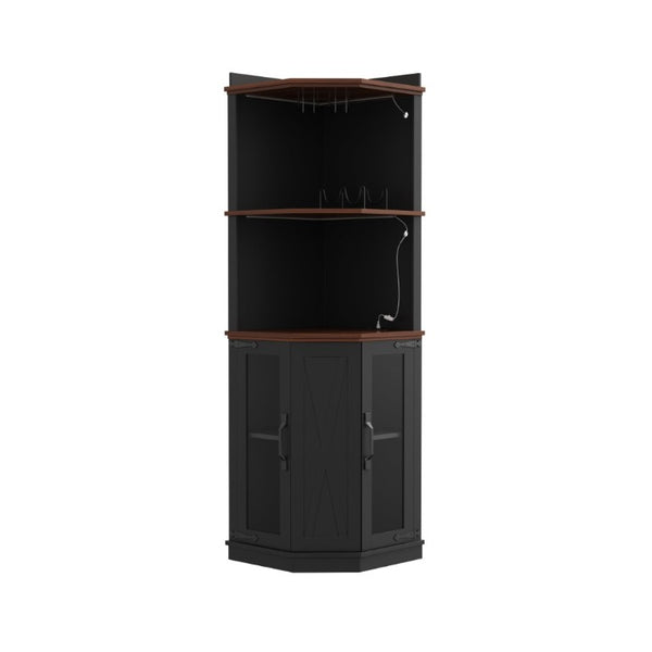 English Elm 67.3 Inch Farmhouse Corner Bar Cabinet with LED Lighting Glass Rack and Power Outlets N735P361423B