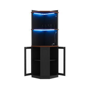 English Elm 67.3 Inch Farmhouse Corner Bar Cabinet with LED Lighting Glass Rack and Power Outlets N735P361423B