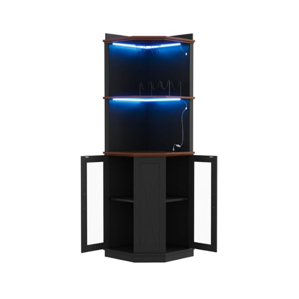 English Elm 67.3 Inch Farmhouse Corner Bar Cabinet with LED Lighting Glass Rack and Power Outlets N735P361423B