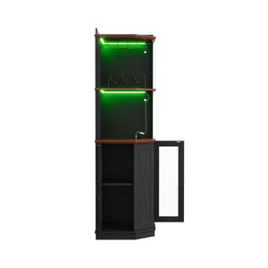 English Elm 67.3 Inch Farmhouse Corner Bar Cabinet with LED Lighting Glass Rack and Power Outlets N735P361423B