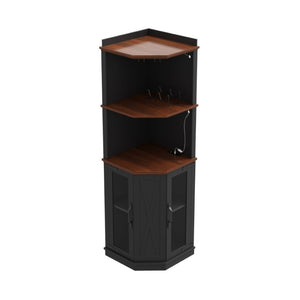 English Elm 67.3 Inch Farmhouse Corner Bar Cabinet with LED Lighting Glass Rack and Power Outlets N735P361423B