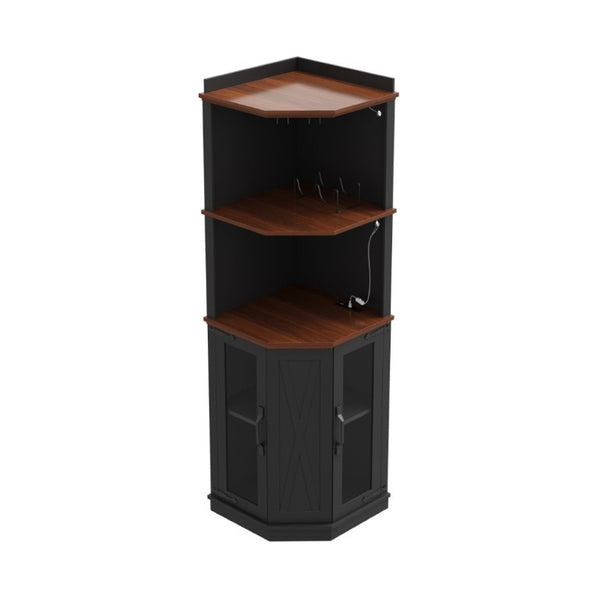 English Elm 67.3 Inch Farmhouse Corner Bar Cabinet with LED Lighting Glass Rack and Power Outlets N735P361423B