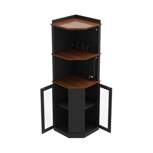 English Elm 67.3 Inch Farmhouse Corner Bar Cabinet with LED Lighting Glass Rack and Power Outlets N735P361423B