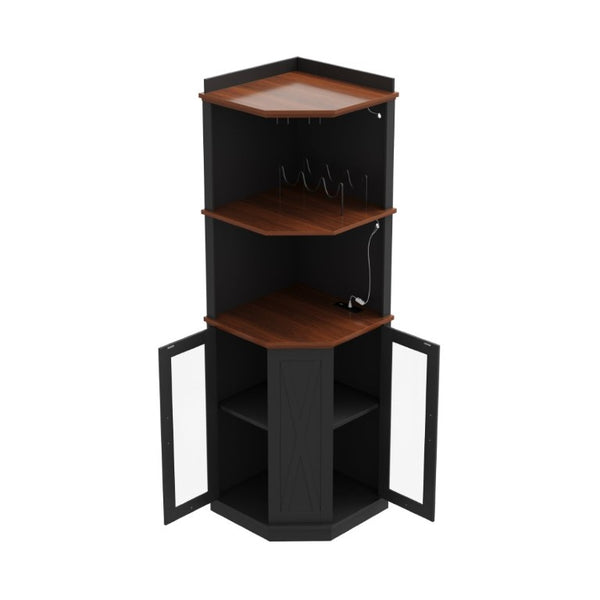 English Elm 67.3 Inch Farmhouse Corner Bar Cabinet with LED Lighting Glass Rack and Power Outlets N735P361423B