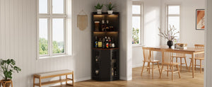 English Elm 67.3 Inch Farmhouse Corner Bar Cabinet with LED Lighting Glass Rack and Power Outlets N735P361423B