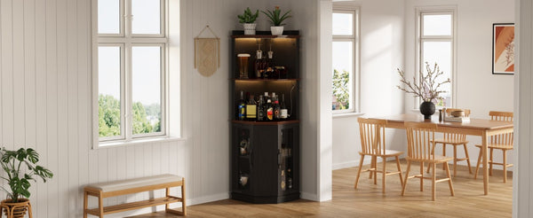 English Elm 67.3 Inch Farmhouse Corner Bar Cabinet with LED Lighting Glass Rack and Power Outlets N735P361423B