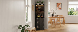 English Elm 67.3 Inch Farmhouse Corner Bar Cabinet with LED Lighting Glass Rack and Power Outlets N735P361423B