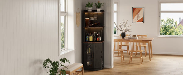 English Elm 67.3 Inch Farmhouse Corner Bar Cabinet with LED Lighting Glass Rack and Power Outlets N735P361423B
