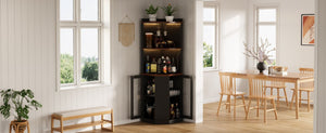 English Elm 67.3 Inch Farmhouse Corner Bar Cabinet with LED Lighting Glass Rack and Power Outlets N735P361423B
