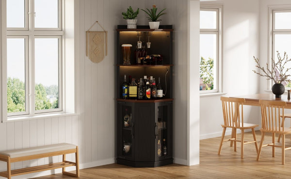 English Elm 67.3 Inch Farmhouse Corner Bar Cabinet with LED Lighting Glass Rack and Power Outlets N735P361423B