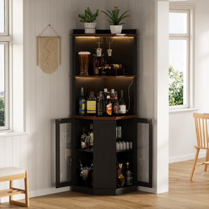 English Elm 67.3 Inch Farmhouse Corner Bar Cabinet with LED Lighting Glass Rack and Power Outlets N735P361423B