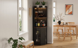 English Elm 67.3 Inch Farmhouse Corner Bar Cabinet with LED Lighting Glass Rack and Power Outlets N735P361423B